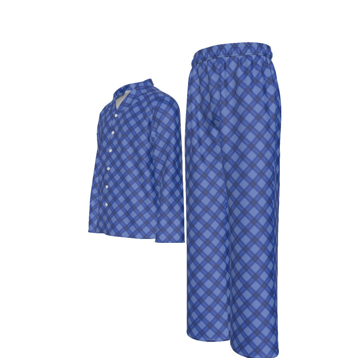 Men's Lapel Style Blue Plaid Family-Matching PJs