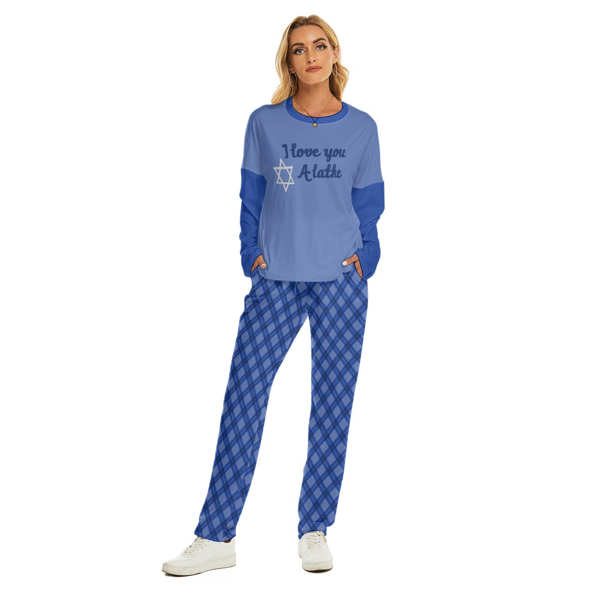 Lady's Pocket Style Blue Plaid HANUKKAH - I love you a latke Family-Matching PJs