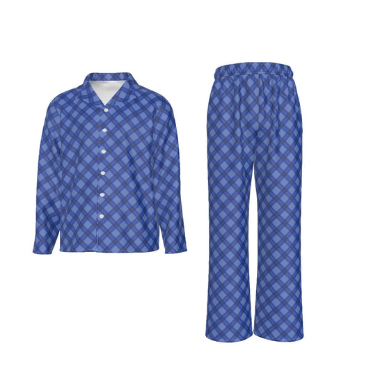 Men's Lapel Style Blue Plaid Family-Matching PJs