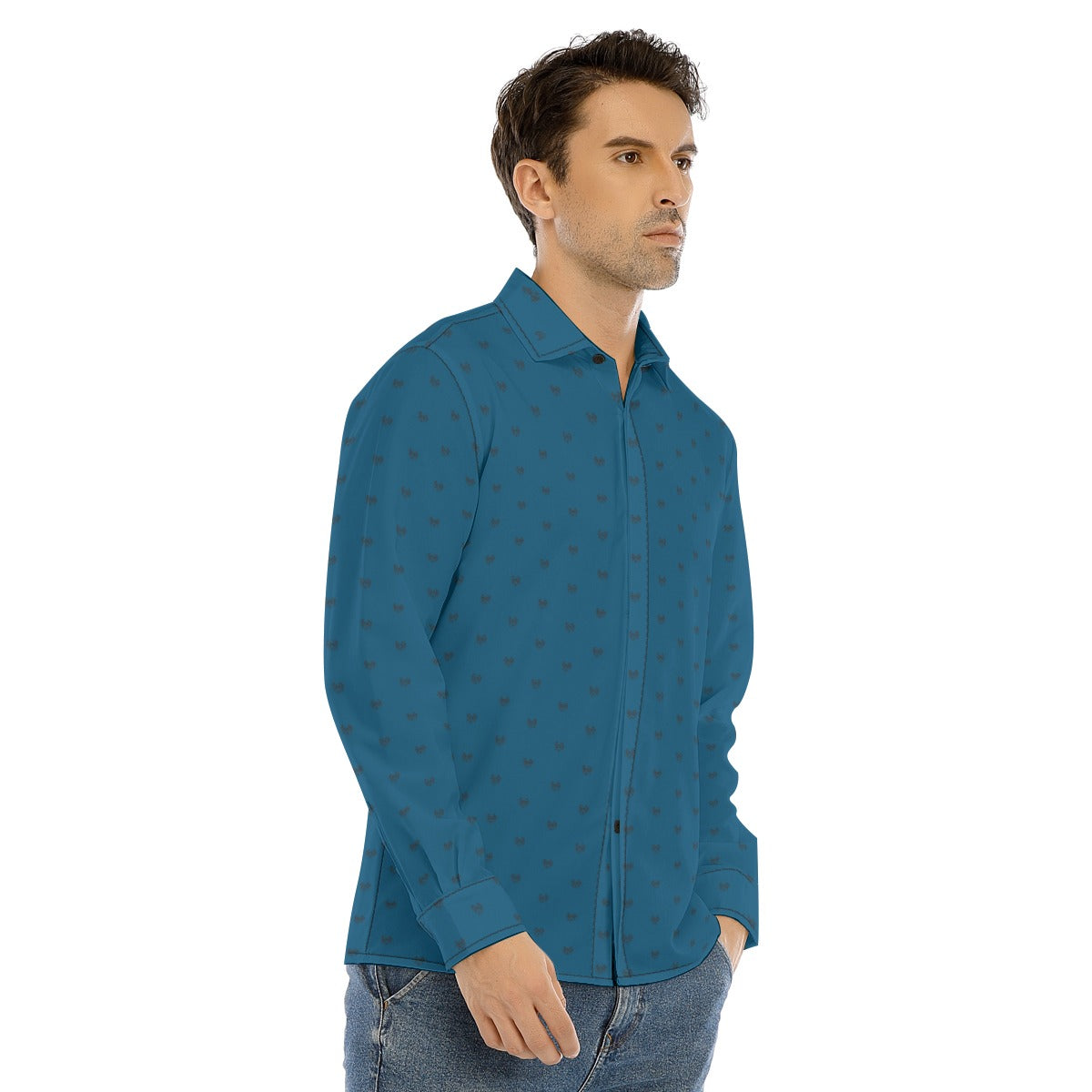 Men's Dalmatian Face Teal Collar Long Sleeve Shirt