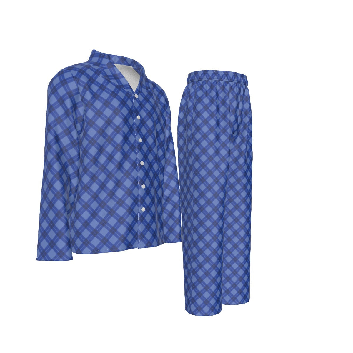 Men's Lapel Style Blue Plaid Family-Matching PJs