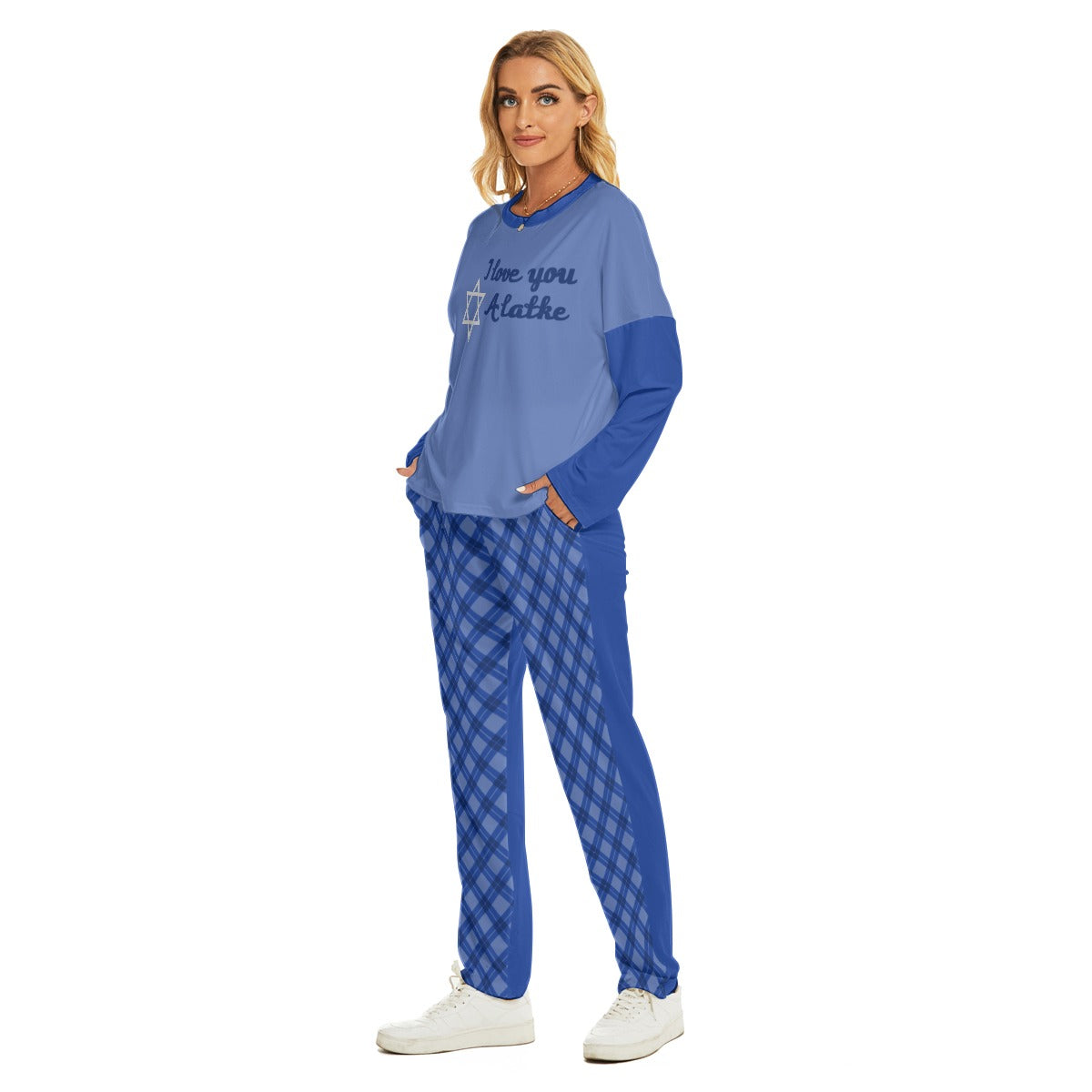 Lady's Cozy Style Blue Plaid HANUKKAH - I love you a latke Family-Matching PJs